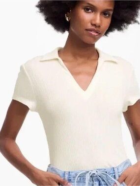 Madewell White Ribbed V-Neck Polo Tee